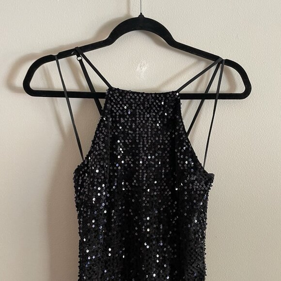Express Women S Black Sequin Holiday Cocktail Party Open Back Halter Mini Dress - Picture 5 of 11